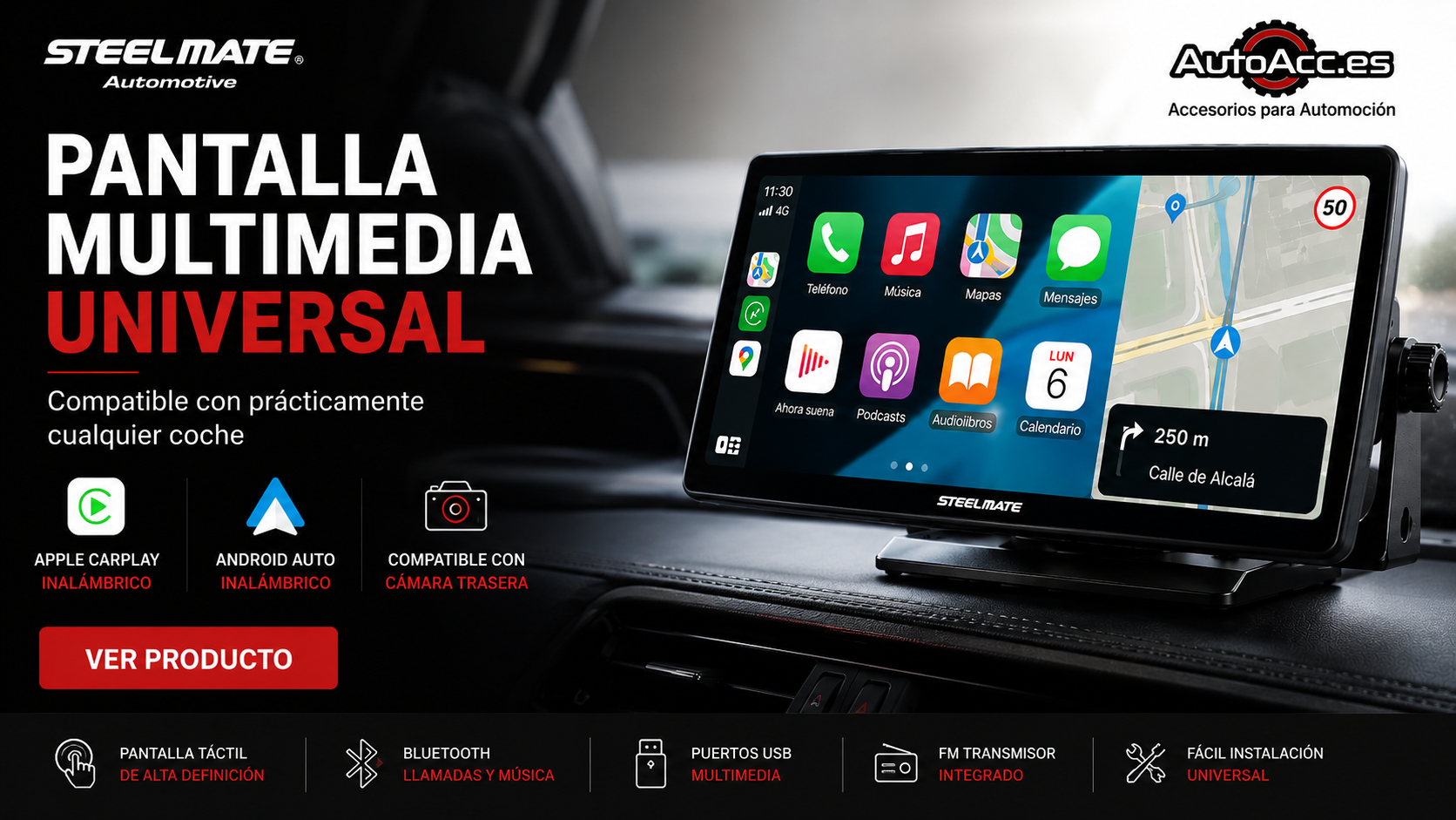 Pantalla multimedia universal con Apple CarPlay y Android Auto inalámbricos